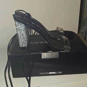 Size 11 opened toe tie up, black rhinestone heels